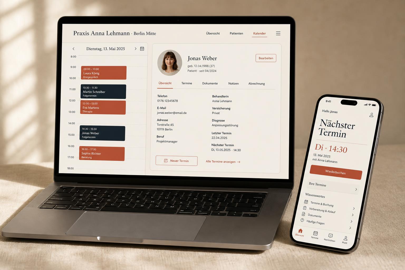 Atrium-Praxisverwaltung auf Laptop und Patientenportal auf Smartphone